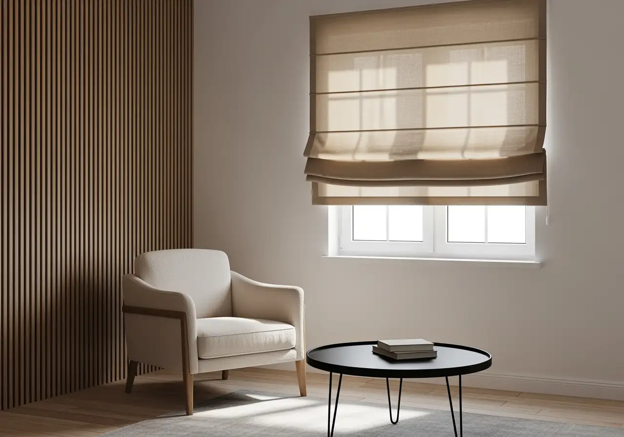 Estor plegable beige con textura natural y diseño relajado
