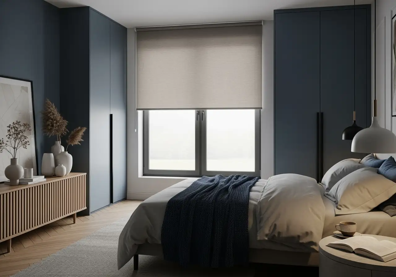 Estor enrollable opaco en dormitorio azul marino