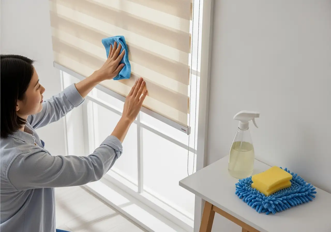 Mujer limpiando un estor noche y día con paño de microfibra y spray jabonoso. Cómo limpiar estores enrollables fácilmente – Guía Toldos Peral
