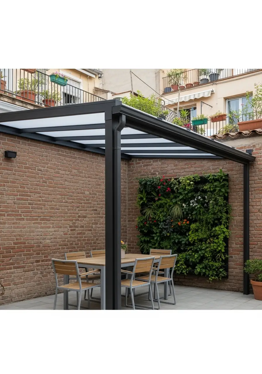 Pérgola adosada de aluminio con techo fijo opal y canalón en patio interior de Barcelona; instalación Toldos Peral