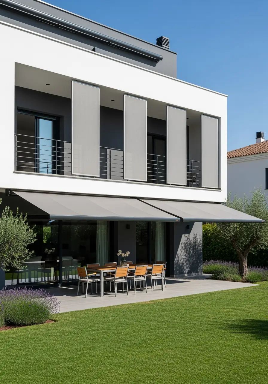 Toldos y estores verticales instalados por Toldos Peral en vivienda moderna de Viladecans, protección solar para terraza y jardín