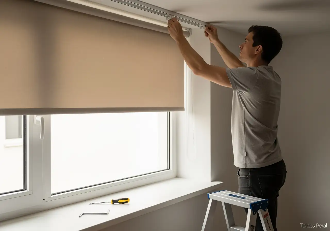 Persona desmontando un estor enrollable interior en una habitación con luz natural